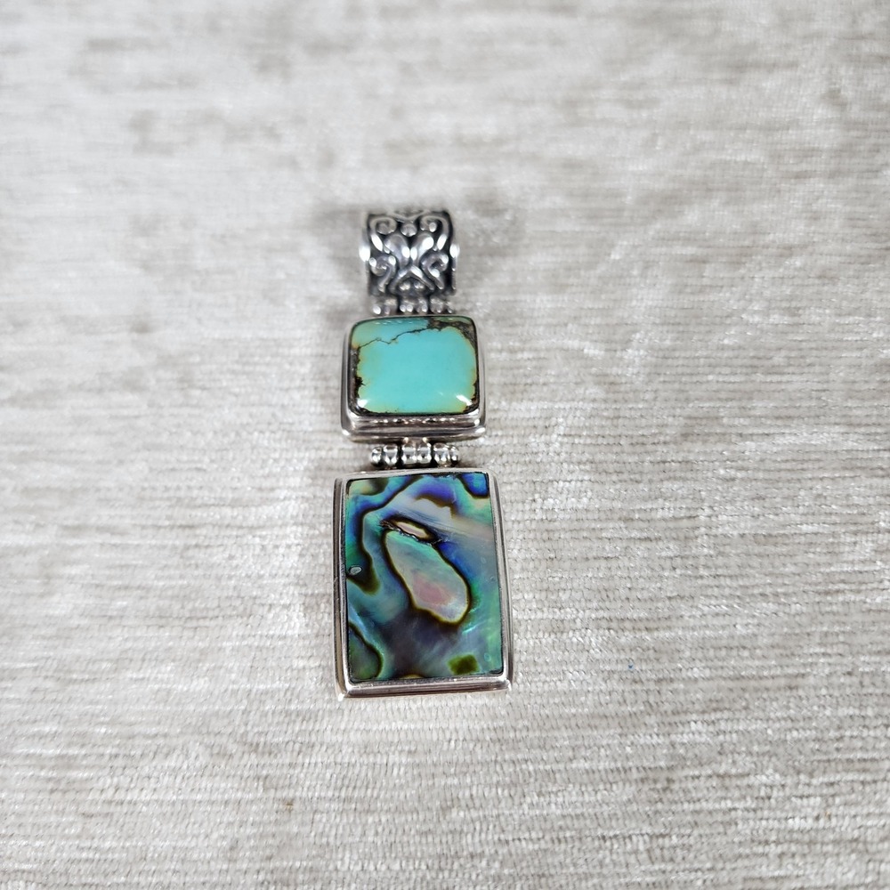 925 Sterling Silver and Turquoise Pendant with Abalone Shell Boho Statement